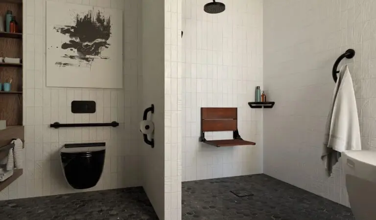 ADA compliant bathroom with shower seat in a walk-in shower.