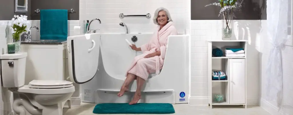 Elderly woman comfortably and safely bathing in a walk-in tub