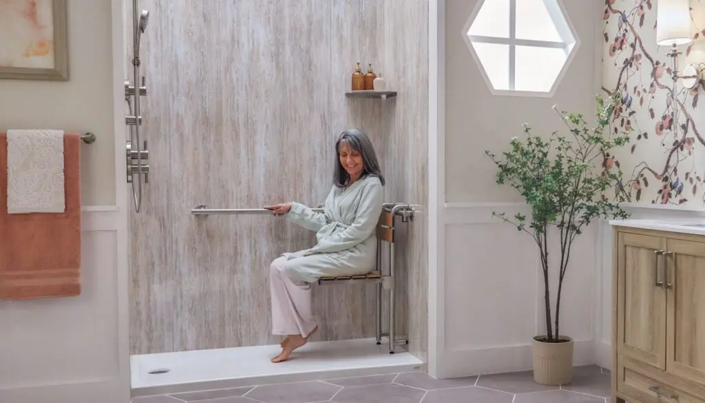 Elderly woman sitting on a shower chair